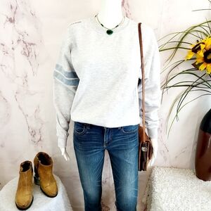 Unemployed Denim Upcycled Vintage Gray Sweatshirt with denim arm stripe